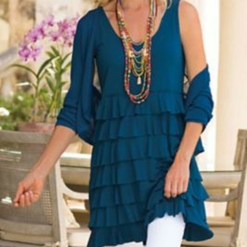 SOFT SURROUNDINGS Toulon Ruffled Tunic Blue PL